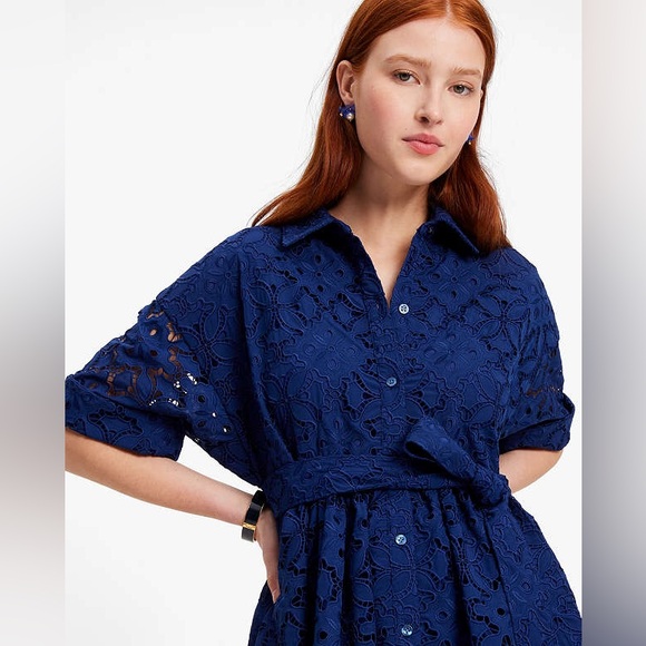 Kate Spade Blue Lace Montauk Midi Dress Medium Embroidered Cutwork French Navy - Picture 5 of 12